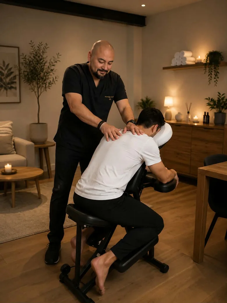 Frédéric Séré réalisant un massage assis chez YUMÉA Wellness